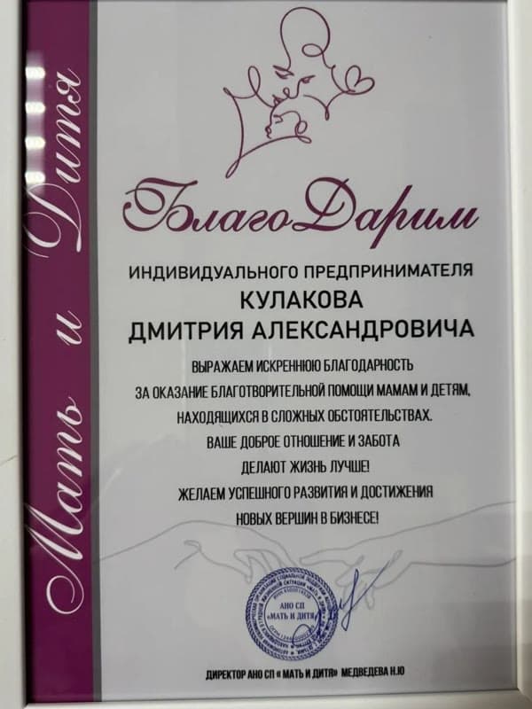 Благодарственное письмо Дмитрию Кулакову за благотворительную помощь